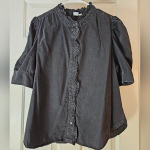 GAP Dark Gray Ruffle Button-Down Blouse